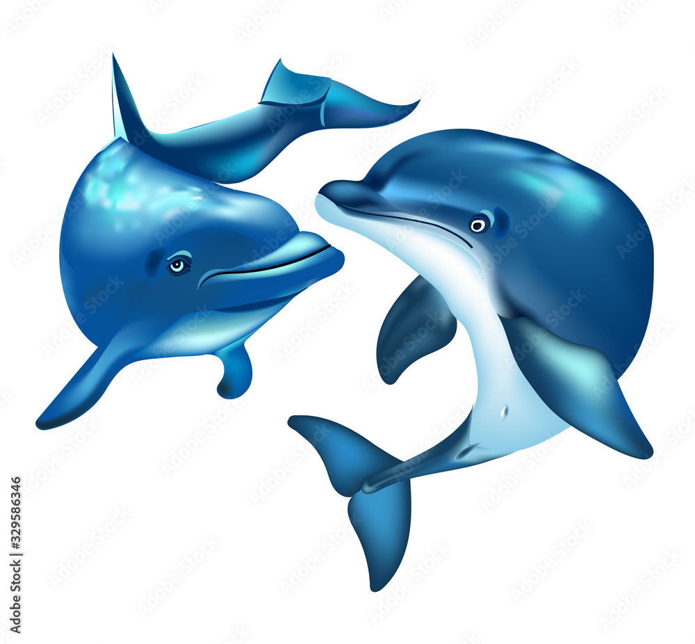 Fototapeta premium Dolphins realistic cartoon. Family dolphins. Wall stickers 