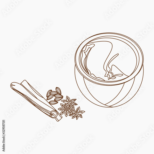 Editable Top Side View Isolated Indian Masala Chai in a Bowl With Assorted Herb Spices in Outline Style for Artwork Element of Beverages With South Asian Culture and Tradition Design
