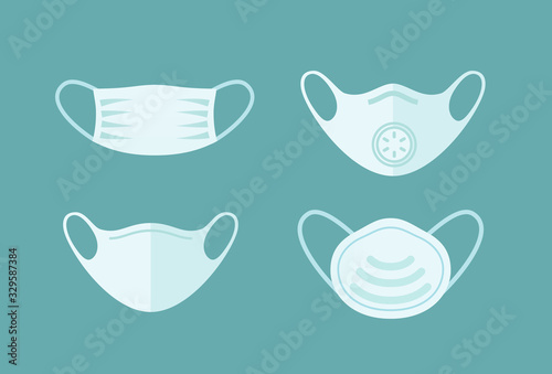 Mask set isolated on blue background. Vector medical doctor, surgical, safety breathing elements mockup. Virus, dust or air pollution face protection..