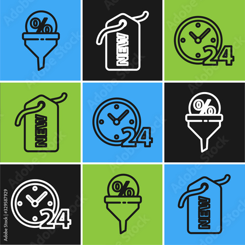 Set line Lead management, Clock 24 hours and Price tag with New icon. Vector