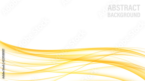 Abstract background with gold waves. Abstract digital gold gradient waves. White background. Shiny golden moving sparkle design element. Vector decorative illustration. White backdrop.