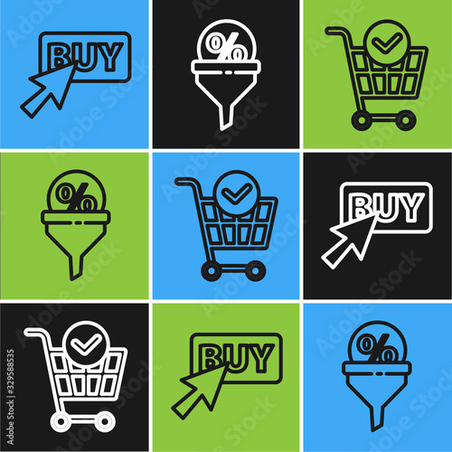 Set line Buy button, Shopping cart with check mark and Lead management icon. Vector