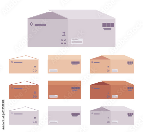 Moving boxes cardboard set for packing household items, office books, kitchenware, clothes, linens, appliances, parcel transportation. Vector flat style cartoon illustration, different colors and view