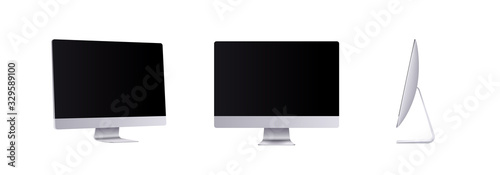 Personal computer mockup in front, side and angle view. Silver modern flat monitor for business presentation or website design show. Empty screen device set, 3d vector illustration.