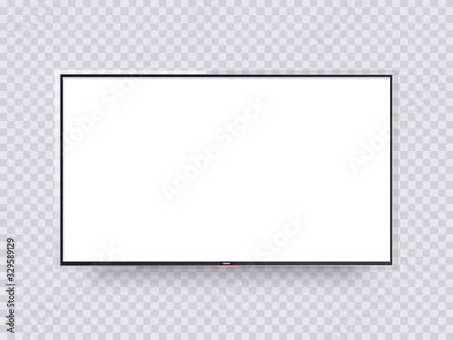 Realistic tv with thin glass frame and blank screen. Wall led television panel with shadow isolated. 3d tv display mockup with glow power button, vector illustration.