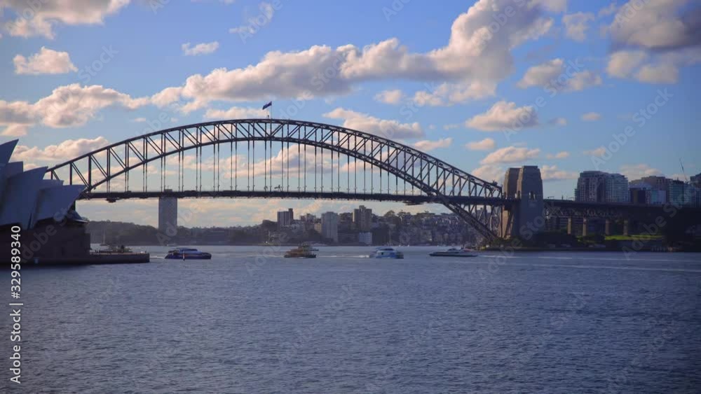 Time Lapse of Sydney Harbour on a Summer afternoon at Sunset blue skies with orange white clouds and boats in the harbour