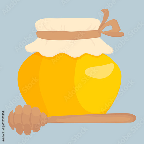 Cartoon glass jar of honey with wooden drizzler. Organic and healthy product from apiary farm. Sweet food. Ingredient good for facial skin care. Flat vector design