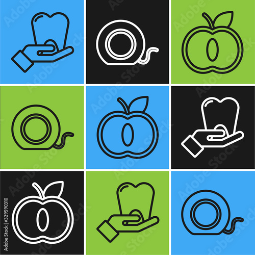 Set line Tooth, Apple and Dental floss icon. Vector