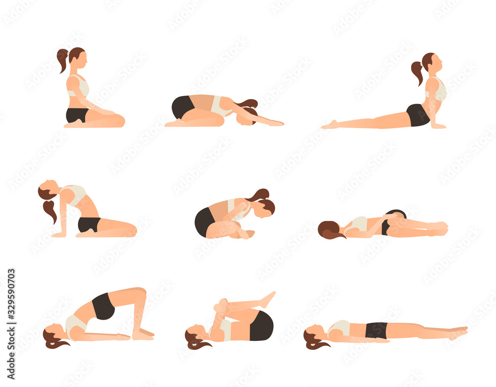 Plakat Yoga poses for better sleep. Vector illustrations with woman in sport bra and shorts doing asanas from insomnia and relaxing. Healthy poster in flat vector design. On white isolated background.