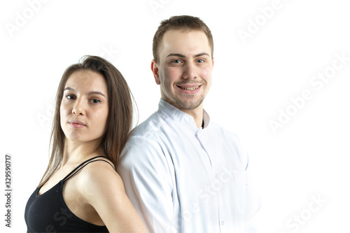 Portrait of a fitness girl and her doctor on a pure white background. Isolate