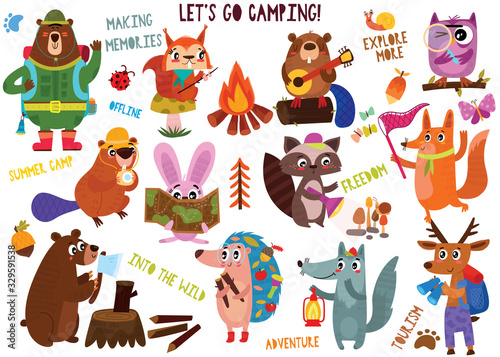 Big collection of cute camping animals in hand drawn style. Set of woodland animals characters isolated on white background.