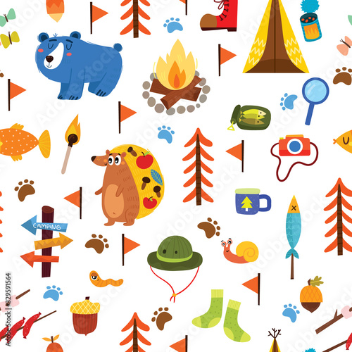 Seamless vector pattern with cartoon camping equipment and cute animals. Design for textiles, textures, children's wallpaper, fabric, clothes.
