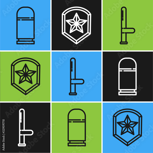 Set line Cartridges, Police rubber baton and Police badge icon. Vector