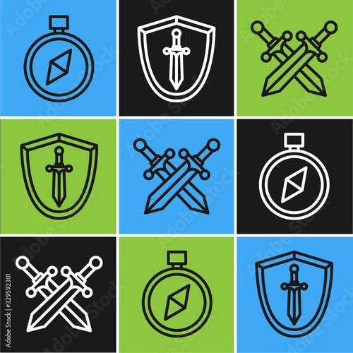 Set line Compass, Crossed medieval sword and Medieval shield with sword icon. Vector