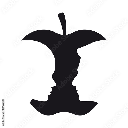 Vector silhouette of a bitten apple formed by the faces of a woman and a man. isolated on white background.