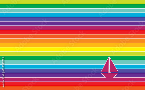 Yacht in ocean - vivid colorful striped background. Line art vector illustration