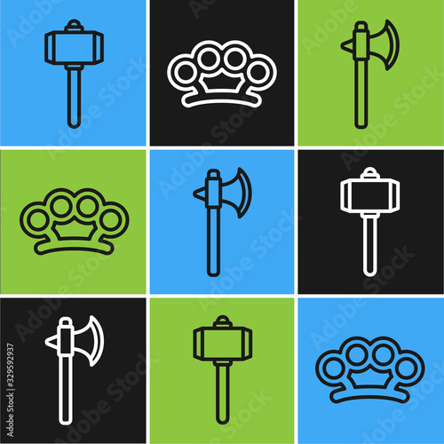 Set line Battle hammer, Medieval axe and Brass knuckles icon. Vector