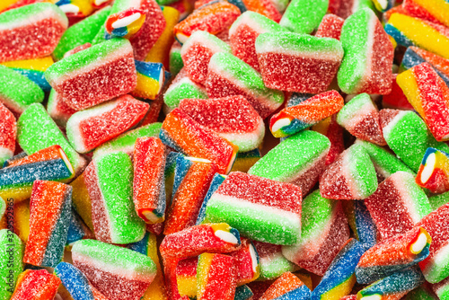 Assorted gummy candies. Top view. Jelly sweets.