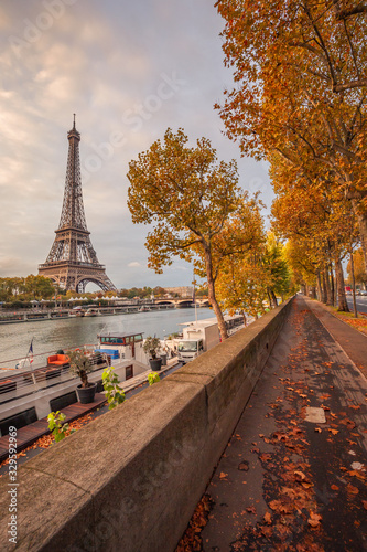 Deserted bike path with the Eiffel tower and the banks of the Seine river in Paris France on an autumn day surrounded by brown leaves of trees