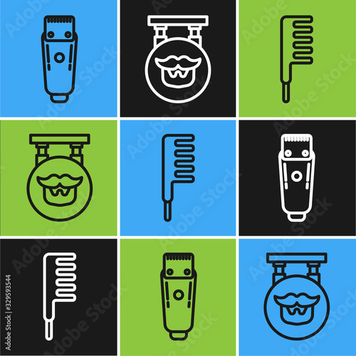 Set line Electrical hair clipper or shaver, Hairbrush and Barbershop icon. Vector
