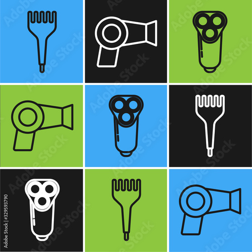 Set line Hairbrush, Electric razor blade for men and Hair dryer icon. Vector
