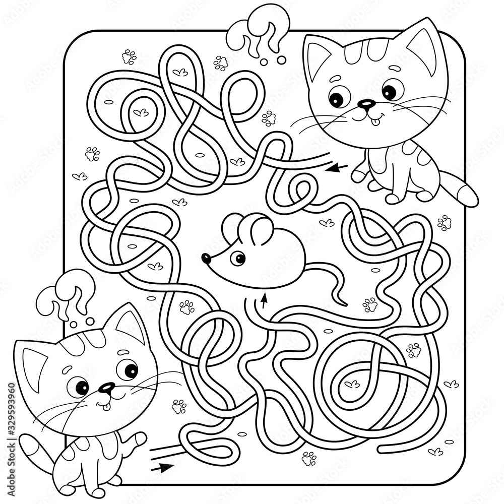Maze or Labyrinth Game for Preschool Children. Puzzle. Tangled Road. Matching Game. Coloring Page Outline Of Cartoon Cats with mouse. Coloring book for kids.