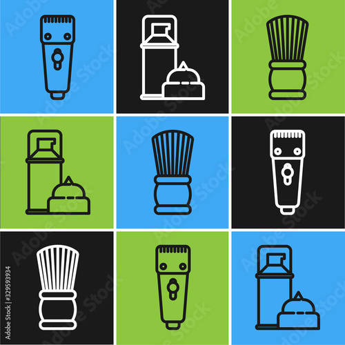 Set line Electrical hair clipper or shaver, Shaving brush and Shaving gel foam icon. Vector