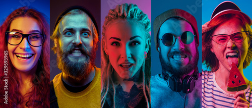 Collage of portraits of young emotional people on multicolored background in neon light. Concept of human emotions, facial expression, sales. Smiling, listen to music, happy. Flyer for ad, proposal.