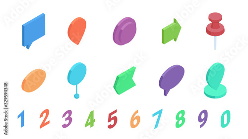 Isometric bullet point with numbers vector illustration set - isolated bright colorful bullet pointers.