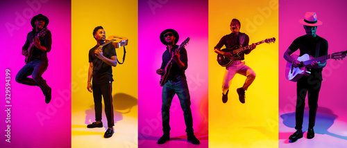 Collage of portraits of 3 young emotional talented musicians on multicolored background in neon light. Concept of human emotions, facial expression, sales. Playing guitar, singing, dancing, jumping.