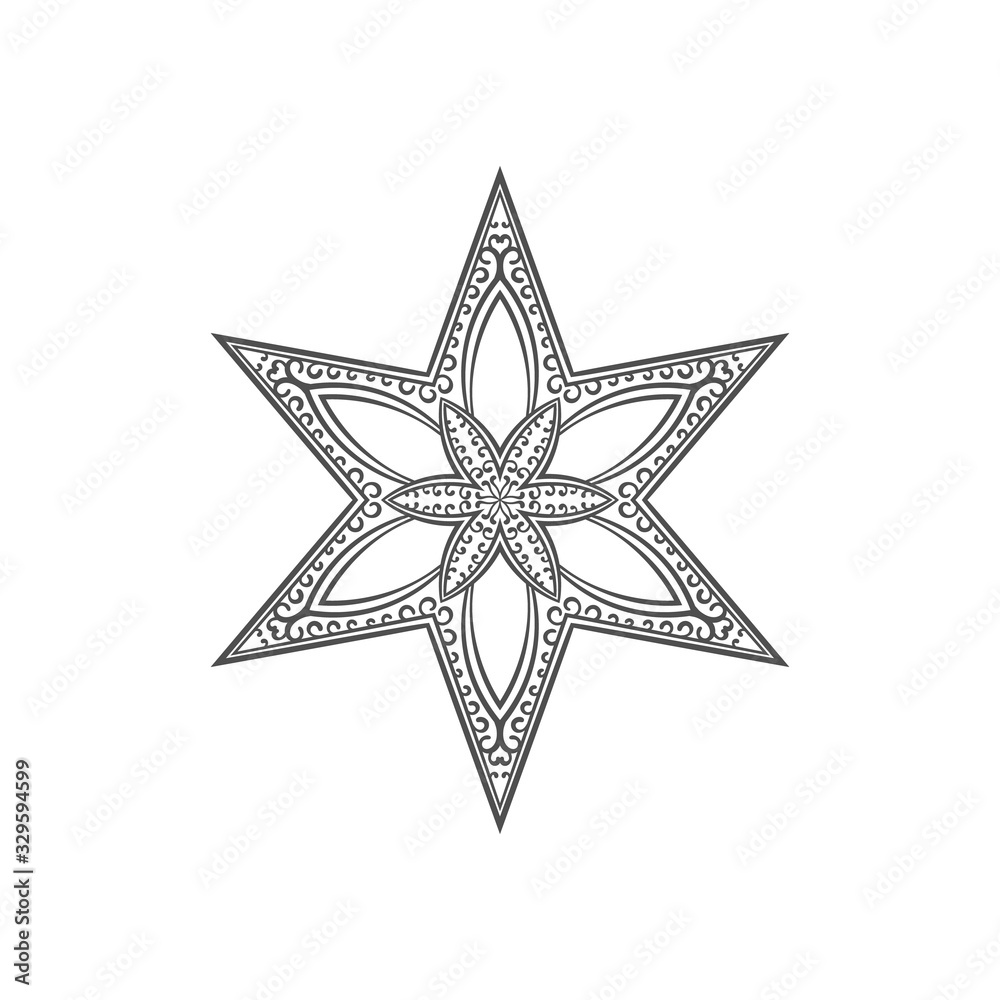 Obraz premium Six pointed star zentangle, Mandala for coloring book, Christmas decoration, tattoo