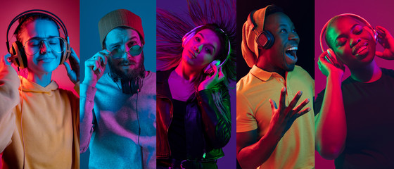 Collage of portraits of young emotional people on multicolored background in neon. Concept of human emotions, facial expression, sales. Smiling, listen to music with headphones. Flyer for ad, proposal