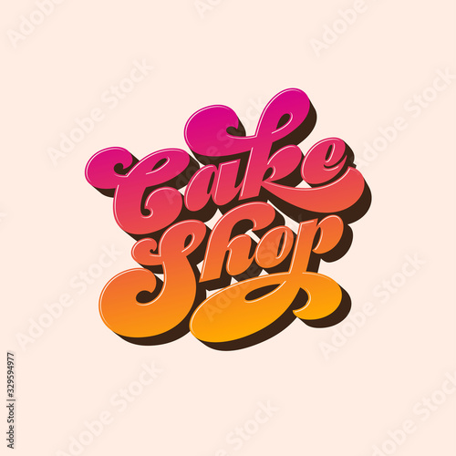 Cake Shop logo. Sweet bakery beautiful lettering consist of glossy caramel letters. Calligraphy of Seventies style. Desserts signboard.