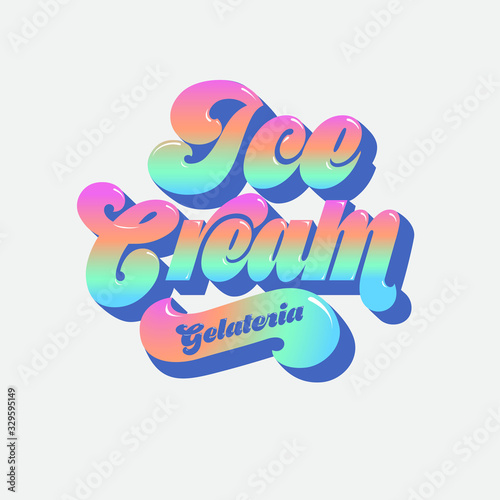 Ice Cream cafe. Gelateria logo by seventies style. Beautiful lettering with shadow by disco style. Volume font.