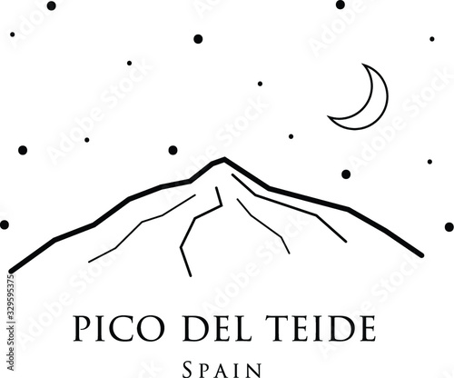 Vector black and white illustration of Pico del Teide. Volcano in Spain. Print design of mountains. Travel and tourism