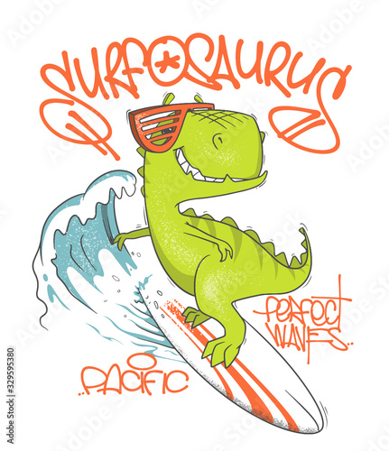 Fototapeta Naklejka Na Ścianę i Meble -  Dinosaur surfer ride the wave, on surfboard. Vector illustration.