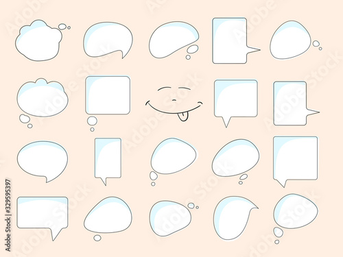 Speech and thought bubbles set, thin line contour with white and blue background. Doodle happy face showing tongue for happy day