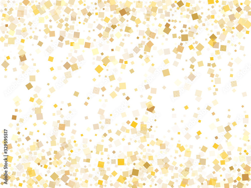 Trendy gold confetti sequins tinsels scatter on white. Chic holiday vector sequins background. Gold foil confetti party pieces pattern. Many sparkles invitation backdrop.