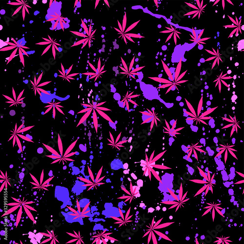 bright pink neon cannabis leaves on a black abstract background from drops of paint splashes, hemp pattern