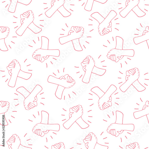 Seamless pattern with two pink hands, arms holding or greeting each other. Arm wrestling. Teamwork, helping, support, fight for women's rights concepts. Outline - Vector stock illustration.