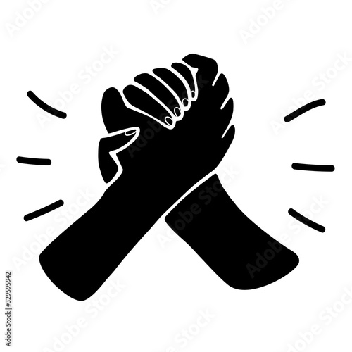 Icon, black silhouette of two hands, arms holding or greeting each other. Arm wrestling. Teamwork, helping, support, fight for rights, black issues, racism, lgbt, feminism concepts. Flat - Vector