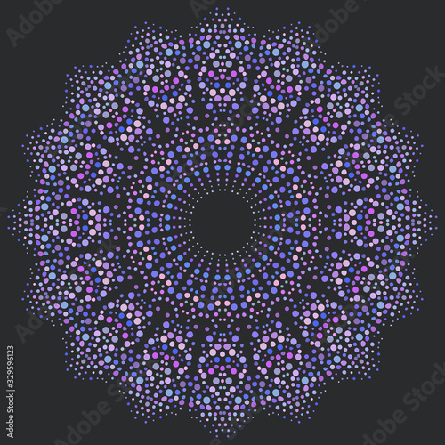 Fototapeta Naklejka Na Ścianę i Meble -  Round mandala made of dots different color, size and shape. Vector illustration on dark background