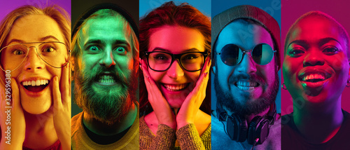 Fotografie, Obraz Collage of portraits of young emotional people on multicolored background in neon