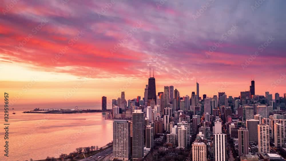 Chicago aerial time lapse from north at sunrise