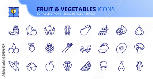 Simple set of outline icons about  fruit and vegetables. Healthy food