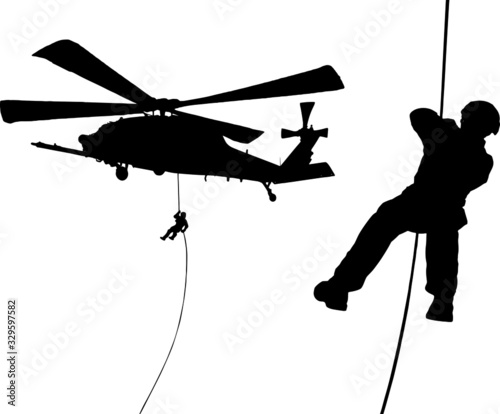 Military forces roping to destroyed city in battlefield / silhouette vector