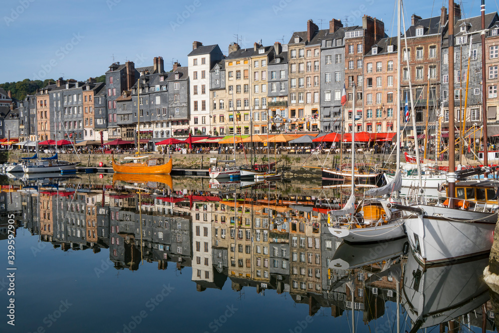 France, Normandy, view of Honfleur and its picturesque harbour, old basin and the quai Sainte Catherine