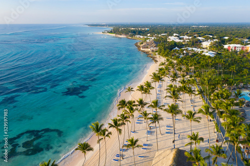 Aerial view of beautiful white sandy beach in Punta Cana, Dominican Republic photo