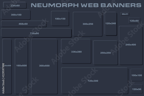 Standard Size Neumorph UI Web Banners Templates. Dark style. Skeuomorph Trend Design. Editable Vector Elements. photo