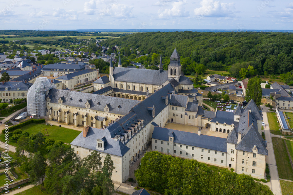 Aerial view of Abbey of Fontevraud, Anjou, Fontevraud l'Abbaye, Maine-et-Loire department, Pays de la Loire, Loire Valley, UNESCO World Heritage Site, France,